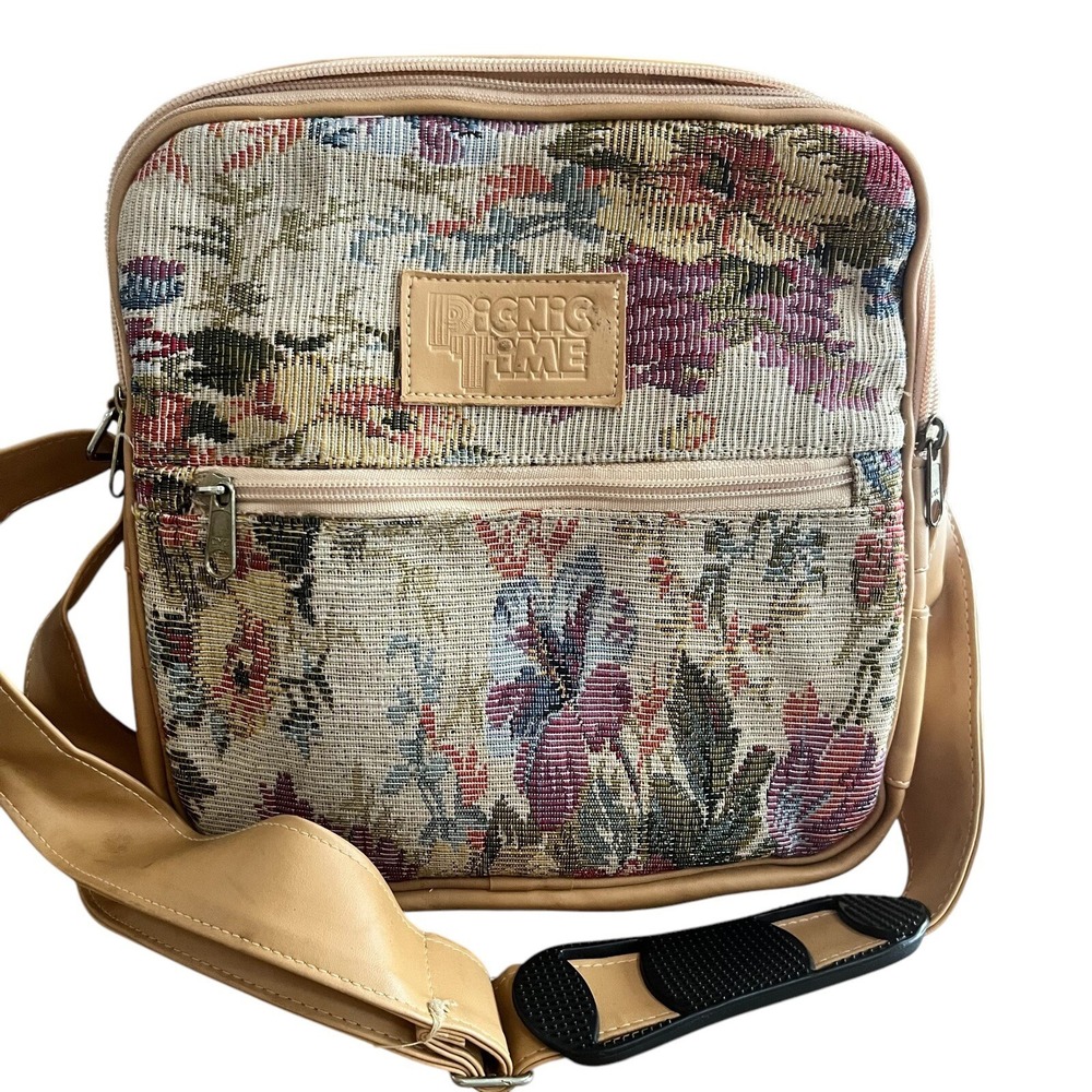 Vintage Picnic Time Wine Accessories Travel Bag Beige Floral Grannycore
